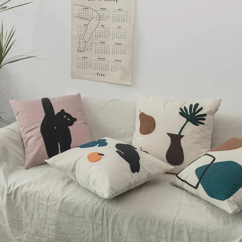 Black Cat & Garden Tufted Pillow Case by Bowlift
