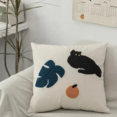 Black Cat & Garden Tufted Pillow Case by Bowlift