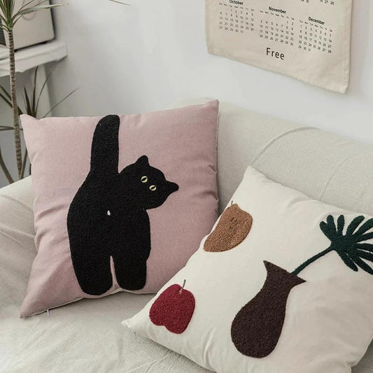 Black Cat & Garden Tufted Pillow Case by Bowlift