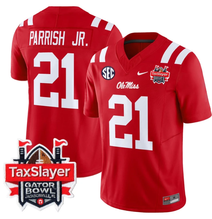 Henry Parrish Jr Jersey #21 Ole Miss Rebels 2024 Gator Bowl V2 Red by My Store