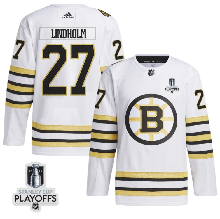 Hampus Lindholm 27 Boston Bruins 2024 NHL Playoffs Patch Away Jersey - Men, White by Hockey David