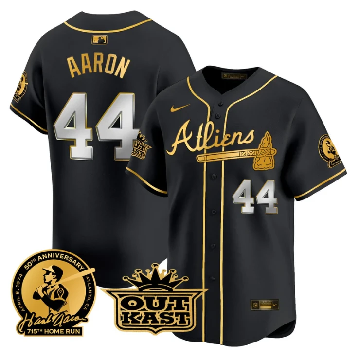 Hank Aaron Jersey #44 Atlanta Braves Atliens Patch Limited Stitched Black Gold by My Store