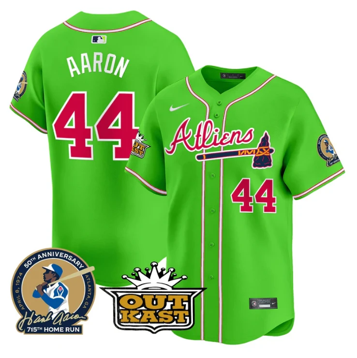 Hank Aaron Jersey #44 Atlanta Braves Atliens Patch Limited Stitched Bright Green by My Store