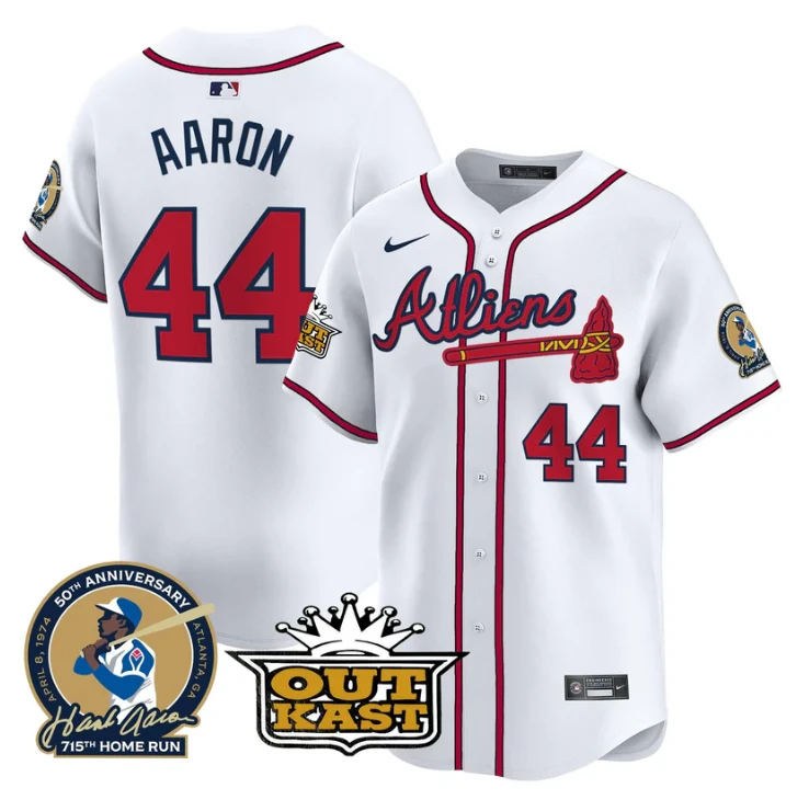 Hank Aaron Jersey #44 Atlanta Braves Atliens Patch Limited Stitched White by My Store