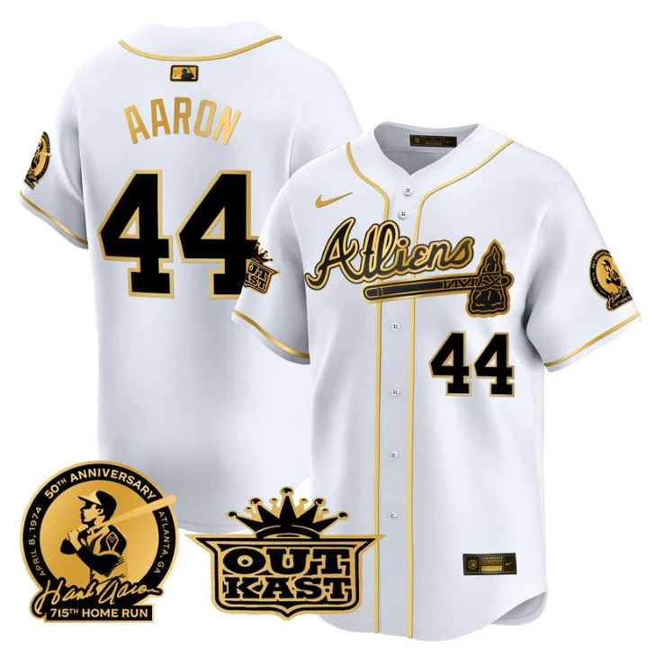 Hank Aaron Jersey #44 Atlanta Braves Atliens Patch Limited Stitched White Gold by My Store
