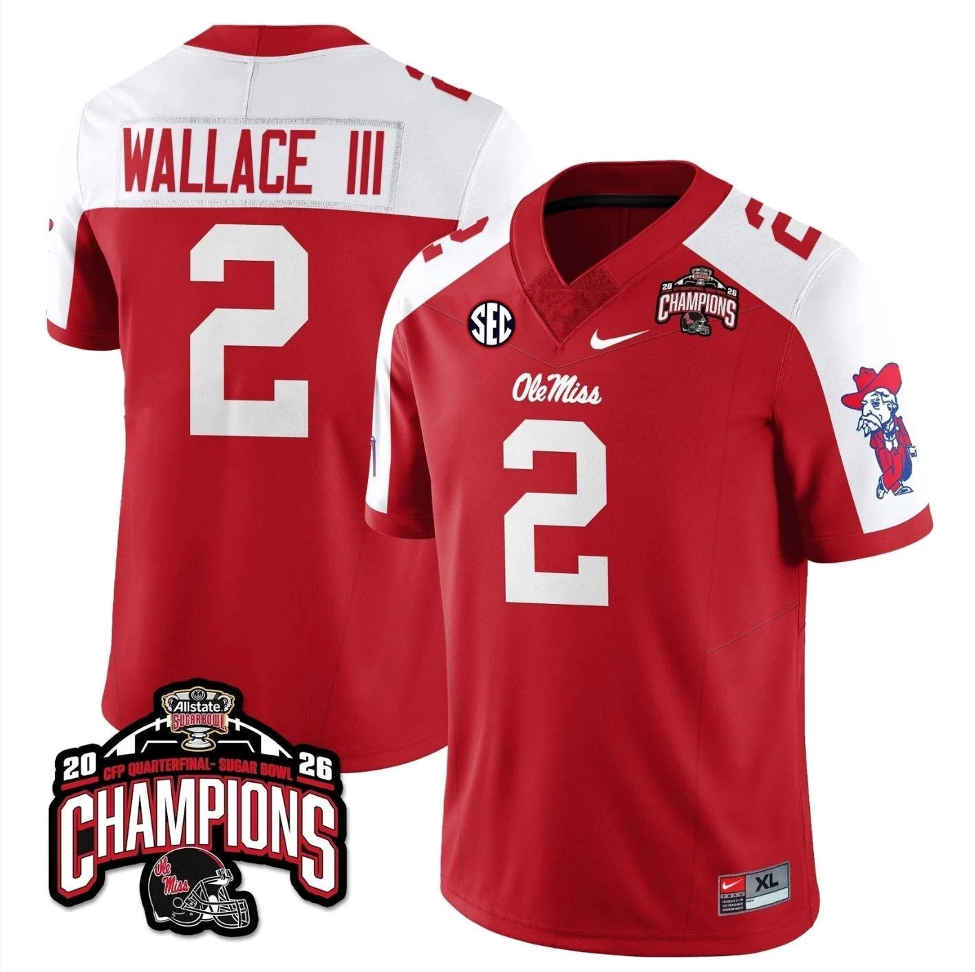 Harrison Wallace III Jersey #2 Ole Miss Sugar Bowl Champions Stitched Red Alternate by NCAA Football Jersey