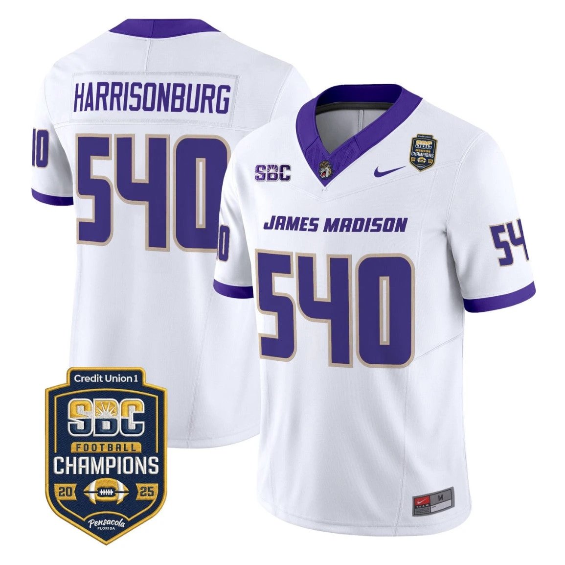 Harrisonburg Jersey #540 James Madison Dukes 2025 SBC Champions Stitched White by NCAA Football Jersey