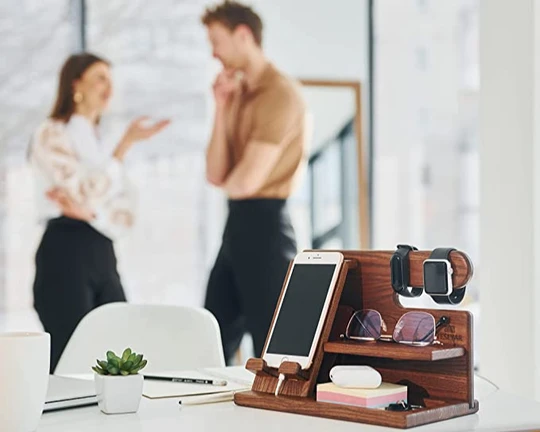 Charging station and desk organizer made of wood for phones and accessories Bowlift by Bowlift