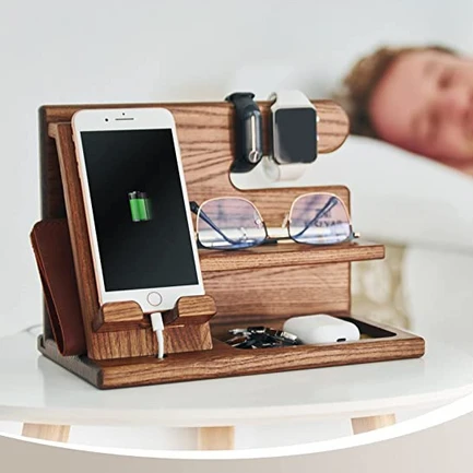 Charging station and desk organizer made of wood for phones and accessories Bowlift by Bowlift