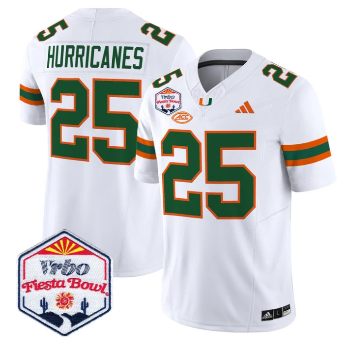 Hurricanes Jersey #25 Miami Hurricanes 2026 Fiesta Bow Patch Stitched White by NCAA Football Jersey