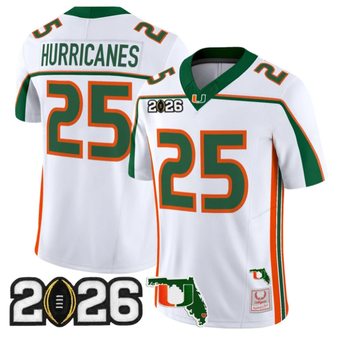 Hurricanes Jersey #25 Miami Hurricanes Throwback 2026 CFP Final Florida Patch by My Store NCAA Football Jerseys