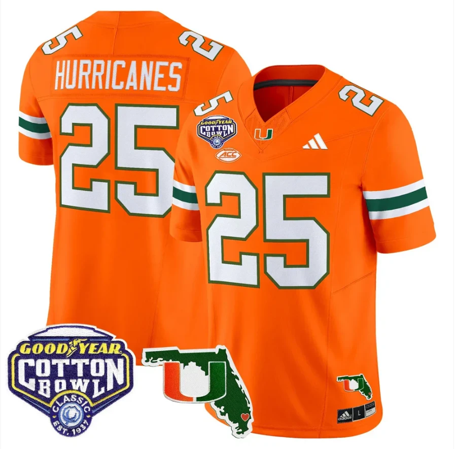 Hurricanes Jersey #25 Miami Hurricanes 2025 Cotton Bowl Florida Stitched by My Store NCAA Football Jerseys
