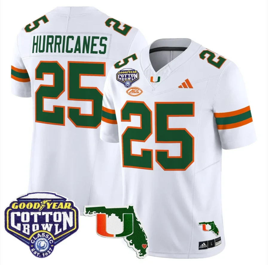 Hurricanes Jersey #25 Miami Hurricanes 2025 Cotton Bowl Florida Stitched by My Store NCAA Football Jerseys