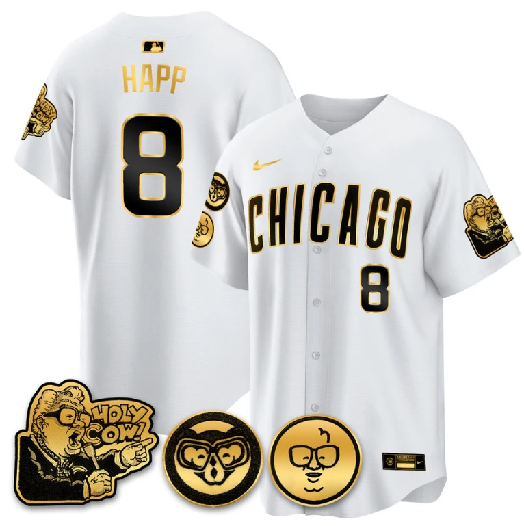 Ian Happ Jersey #8 Chicago Cubs Harry Caray Holy Cow Patch Premier Limited Stitched White Gold by My Store