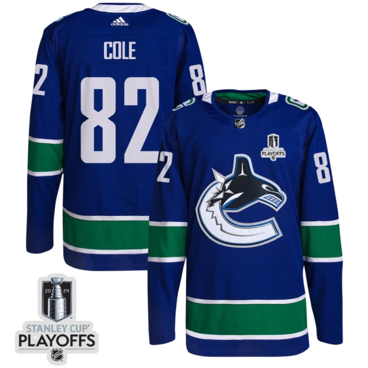 Ian Cole 82 Vancouver Canucks 2024 NHL Playoffs Patch Home Jersey - Men, Blue by Hockey David
