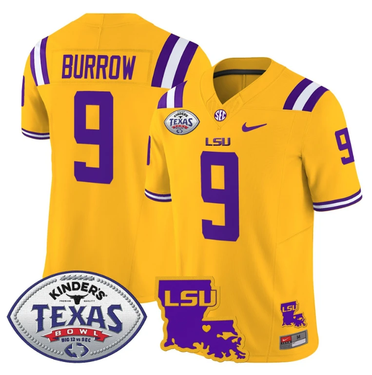Joe Burrow Jersey #9 LSU Tigers 2024 Texas Bowl Patch Football Stitched Gold by My Store