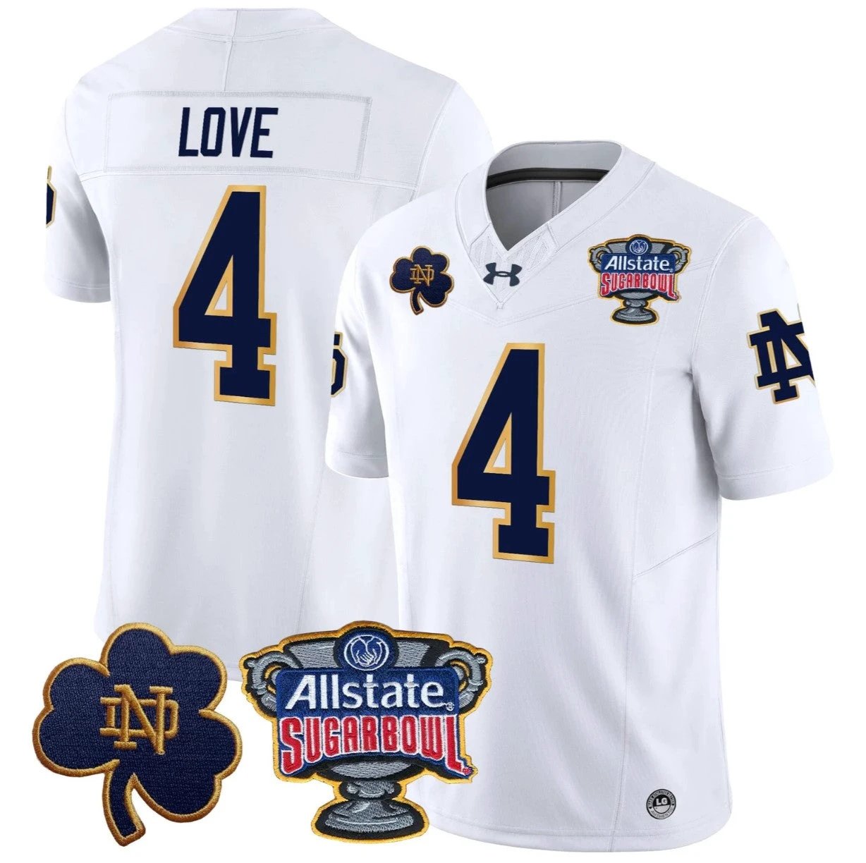 Jeremiyah Love Jersey #4 Notre Dame 2024 Sugar Bowl Patch V2 Stitched White by NCAA Football Jersey