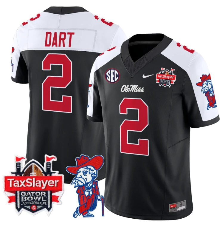 Jaxson Dart Jersey #2 Ole Miss Rebels 2024 Gator Bowl Patch V2 Black Alternate by My Store