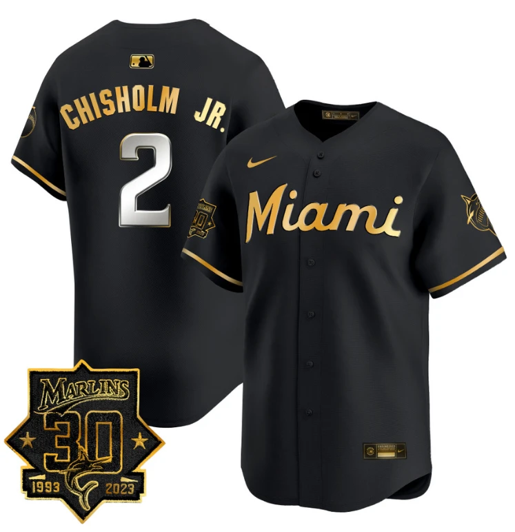 Jazz Chisholm Jr Jersey #2 Miami Marlins 30 Seasons Anniversary Patch Limited Stitched Black Gold by My Store