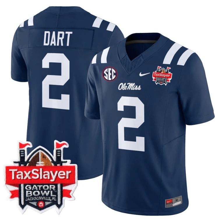 Jaxson Dart Jersey #2 Ole Miss Rebels 2024 Gator Bowl Patch V2 Navy by My Store