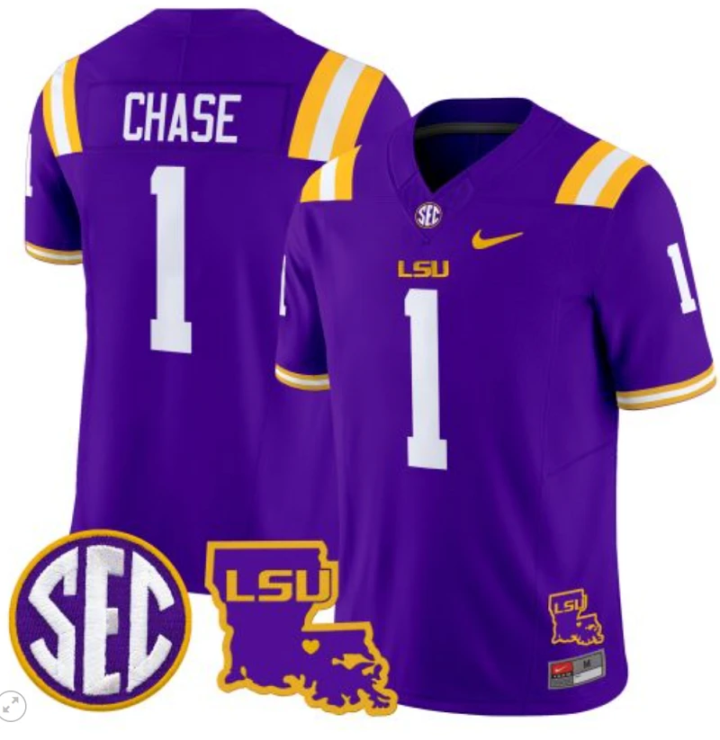 Ja'Marr Chase Jersey #1 LSU Tigers 2024 Louisiana Patch Vapor Limited College Football Stitched Purple by My Store