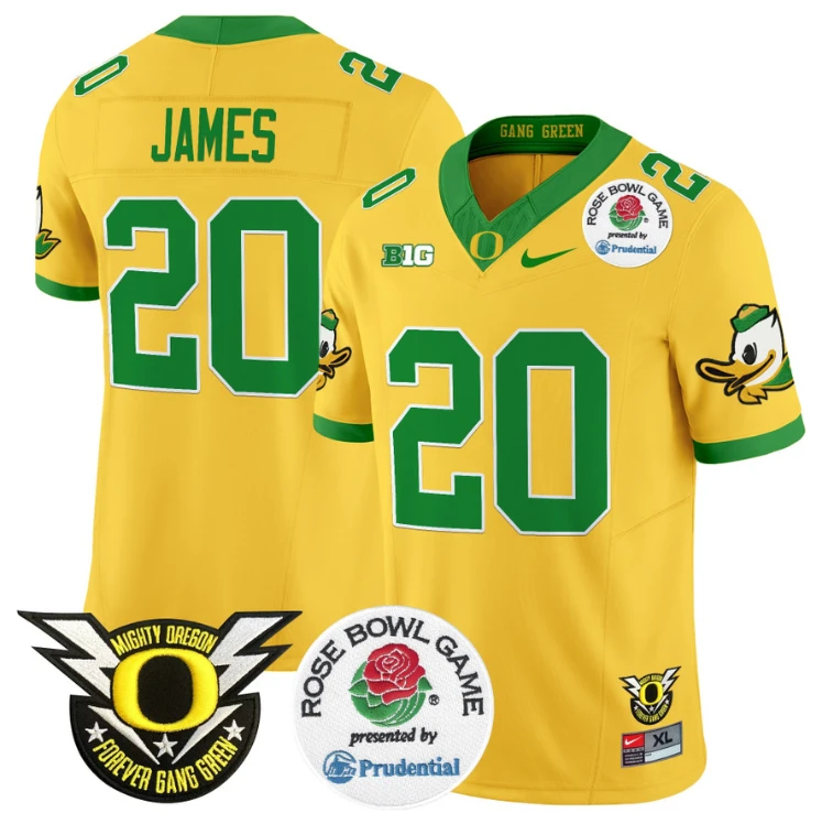 Jordan James Jersey #20 Oregon Ducks Football 2024 Rose Bowl Stitched Gold by NCAA Football Jersey