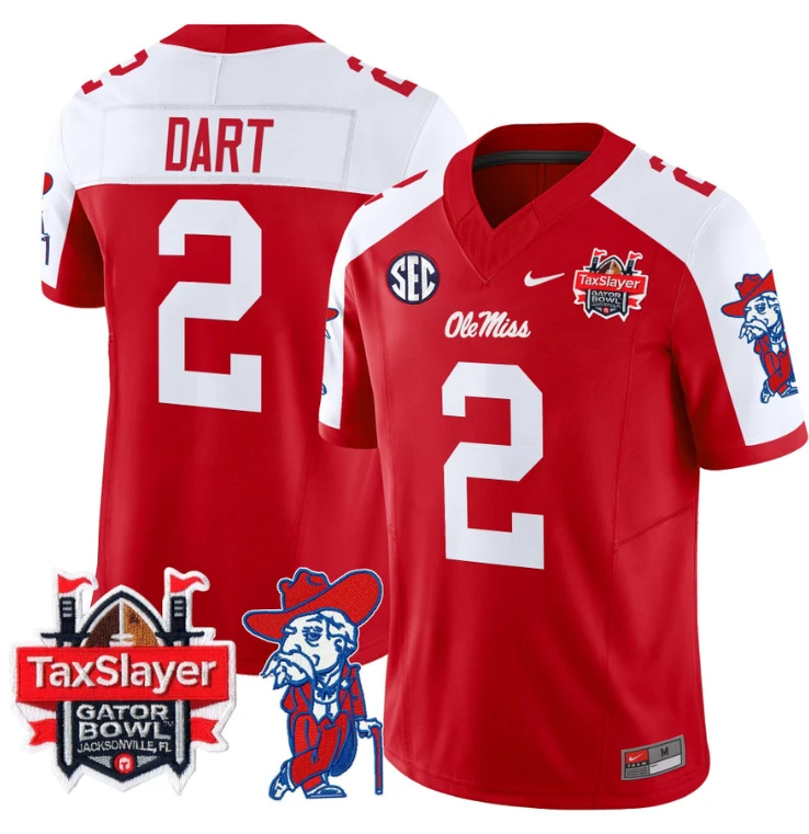 Jaxson Dart Jersey #2 Ole Miss Rebels 2024 Gator Bowl Patch V2 Red Alternate by My Store