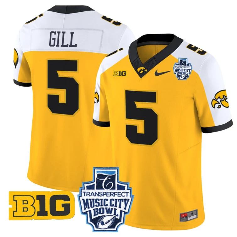 Jacob Gill Jersey #5 Iowa Hawkeyes 2024 Music City Bowl Patch Gold Alternate by My Store