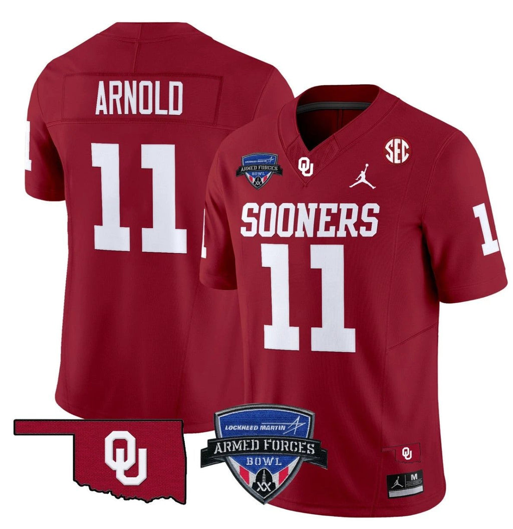 Jackson Arnold Jersey #11 Oklahoma Sooners 2025 Armed Forces Bowl Patch Red by My Store