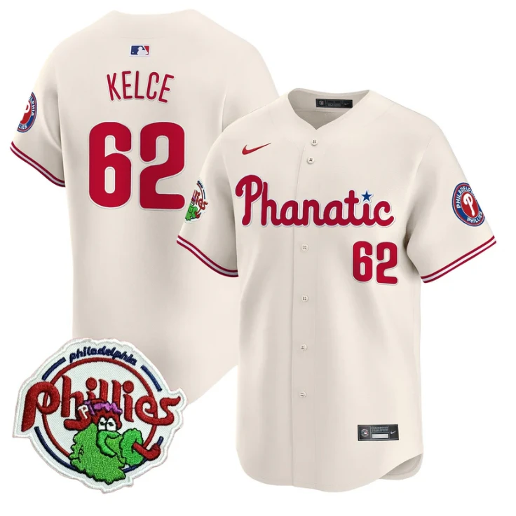 Jason Kelce Jersey #62 Phillies Phanatic Patch Vapor Premier Limited Stitched Cream by My Store