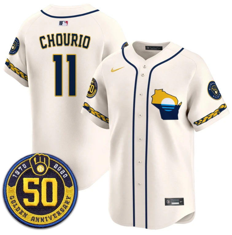Jackson Chourio Jersey #11 Milwaukee Brewers Golden 50th Anniversary Patch Stitched Cream by My Store