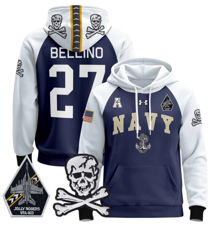 Joe Bellino Hoodie #27 Navy Midshipmen Pullover Jolly Rogers Patch by Hoodie Pullover