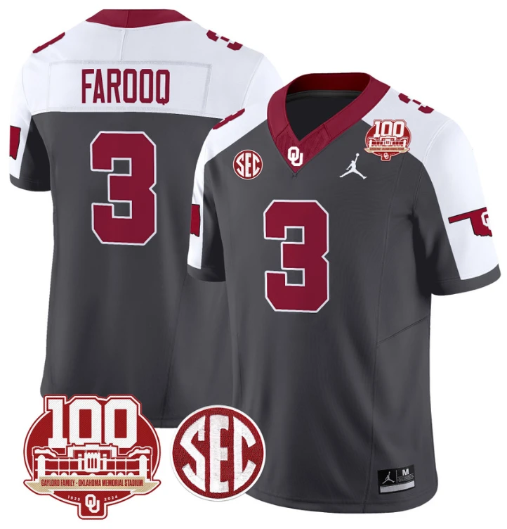 Jalil Farooq Jersey #3 Oklahoma Sooners 100th Anniversary Patch Vapor Limited College Football Stitched Anthracite Alternate by My Store