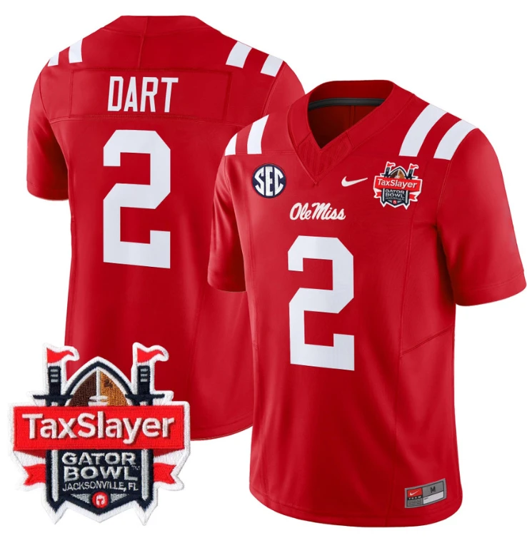 Jaxson Dart Jersey #2 Ole Miss Rebels 2024 Gator Bowl Patch V2 Red by My Store