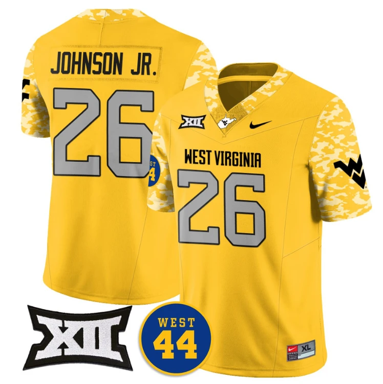 Justin Johnson Jr Jersey #26 West Virginia Mountaineers 2024 Vapor Limited Football Honor Jerry West Stitched Gold by My Store