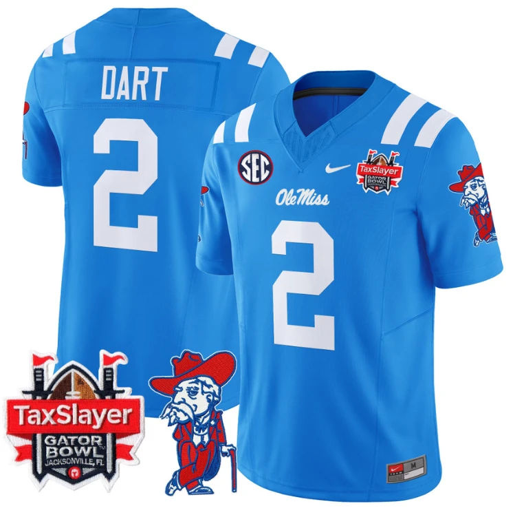 Jaxson Dart Jersey #2 Ole Miss Rebels 2025 Gator Bowl Patch Football Powder Blue by My Store