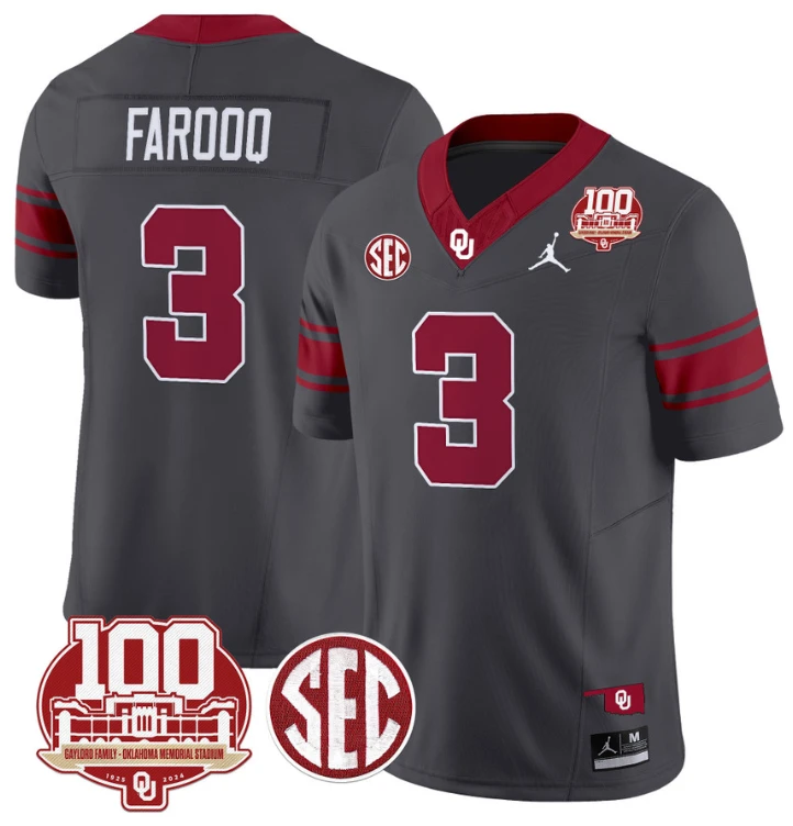 Jalil Farooq Jersey #3 Oklahoma Sooners 100th Anniversary Patch Vapor Limited College Football Stitched Anthracite by My Store