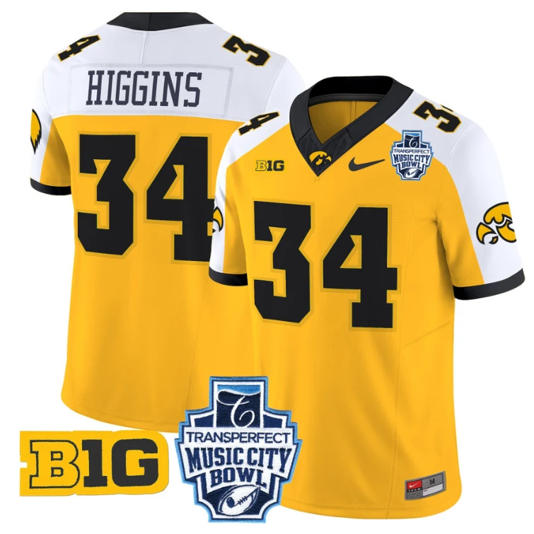 Jay Higgins Jersey #34 Iowa Hawkeyes 2024 Music City Bowl Patch Gold Alternate by My Store