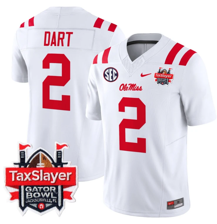Jaxson Dart Jersey #2 Ole Miss Rebels 2024 Gator Bowl Patch V2 White by My Store