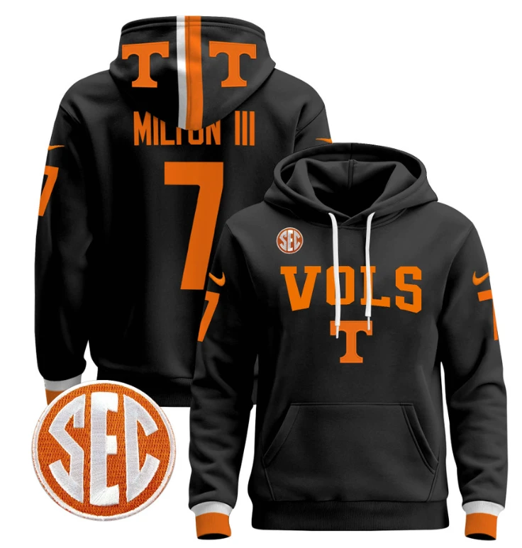 Joe Milton III Hoodie #7 Tennessee Vols 2024 Pullover V3 Stitched Black by Hoodie Pullover