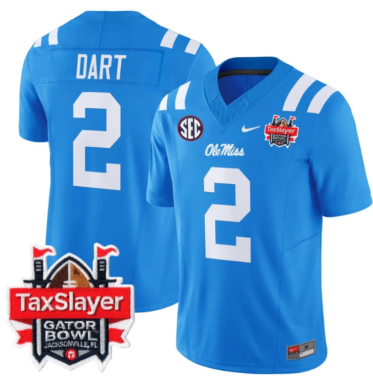 Jaxson Dart Jersey #2 Ole Miss Rebels 2024 Gator Bowl Patch V2 Powder Blue by My Store