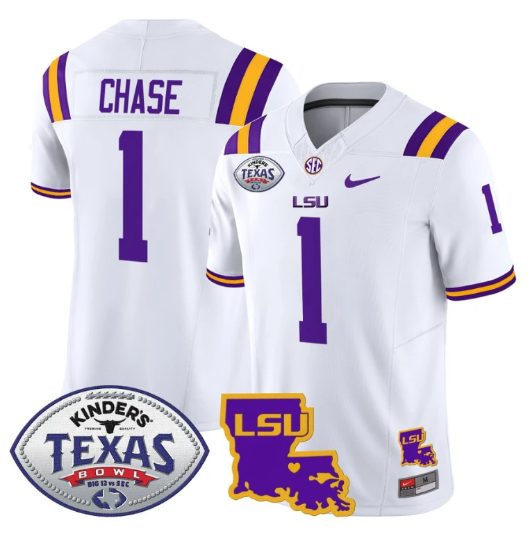 Ja'Marr Chase Jersey #1 LSU Tigers 2024 Texas Bowl Patch Football Stitched White by My Store