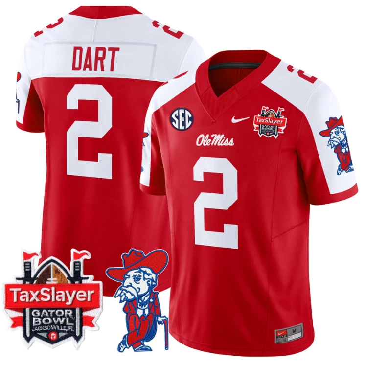 Jaxson Dart Jersey #2 Ole Miss Rebels 2025 Gator Bowl Patch Football Red Alternate by My Store