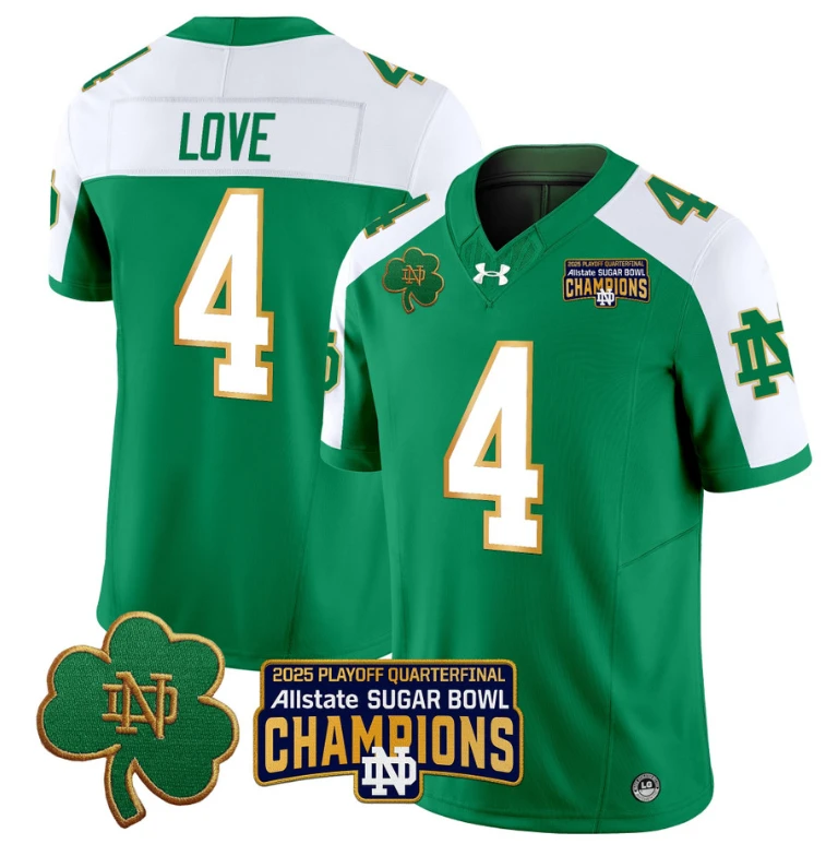 Jeremiyah Love Jersey #4 Notre Dame 2025 Sugar Bowl Champions Green Alternate by NCAA Football Jersey