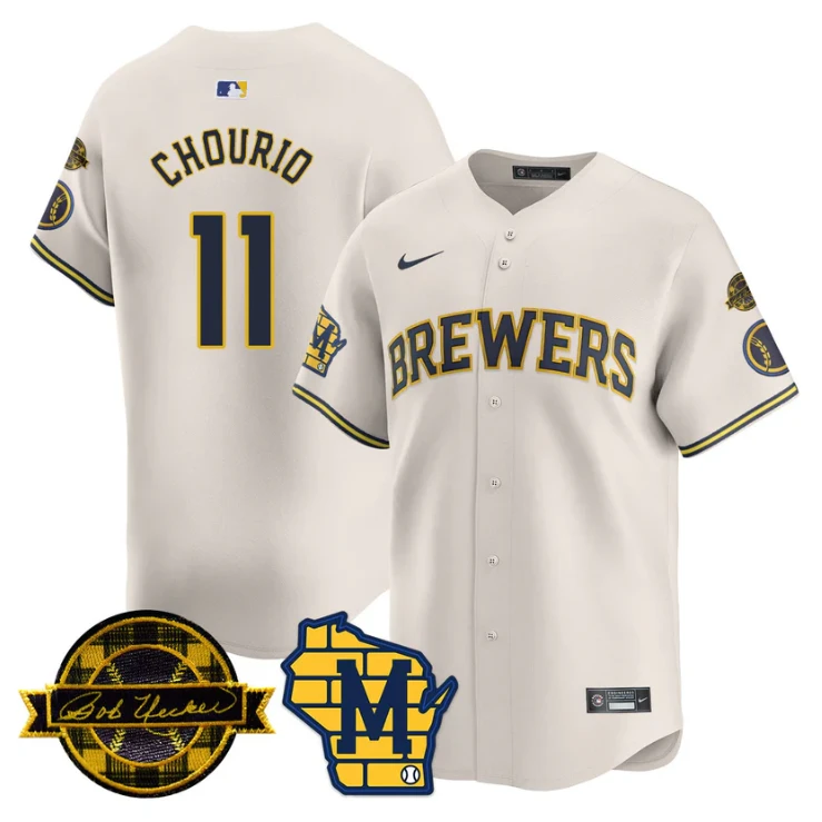 Jackson Chourio Jersey #11 Milwaukee Brewers 2025 Limited Bob Uecker Patch Stitched Cream by My Store
