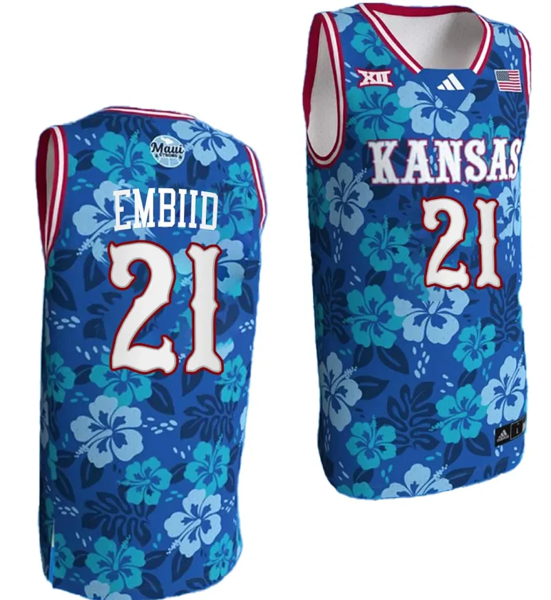 Joel Embiid Jersey #21 Kansas Jayhawks Bill Self Game College Basketball Blue Maui Strong by My store basketball