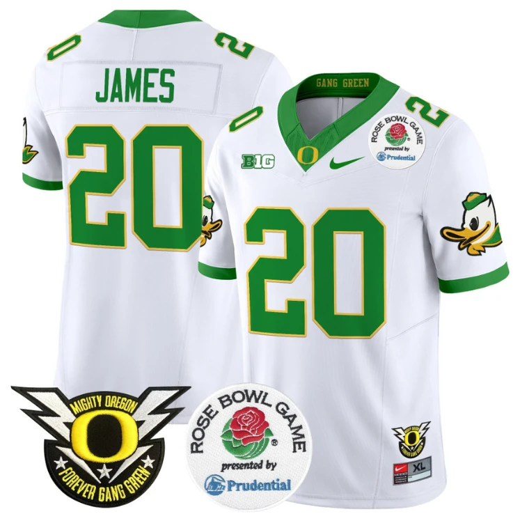 Jordan James Jersey #20 Oregon Ducks Football 2024 Rose Bowl Stitched White by NCAA Football Jersey