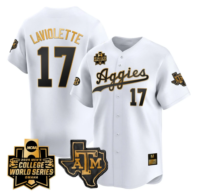 Jace Laviolette Jersey #17 Texas AM Aggies 2024 College World Series Vapor Premier Limited NCAA Baseball Stitched White Gold by My Store