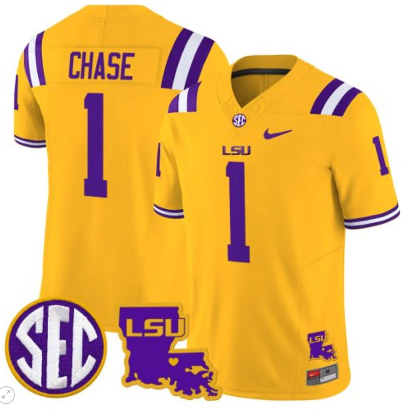Ja'Marr Chase Jersey #1 LSU Tigers 2024 Louisiana Patch Vapor Limited College Football Stitched Gold by My Store