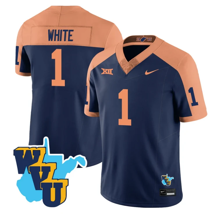 Jahiem White Jersey #1 West Virginia Mountaineers 1965-2025 Throwback Stitched Navy Alternate by NCAA Football Jersey